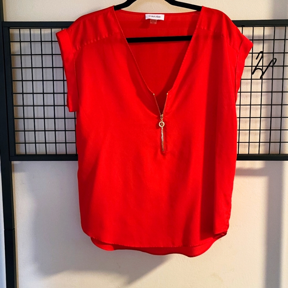Calvin Klein red polyester blouse with gold zipper